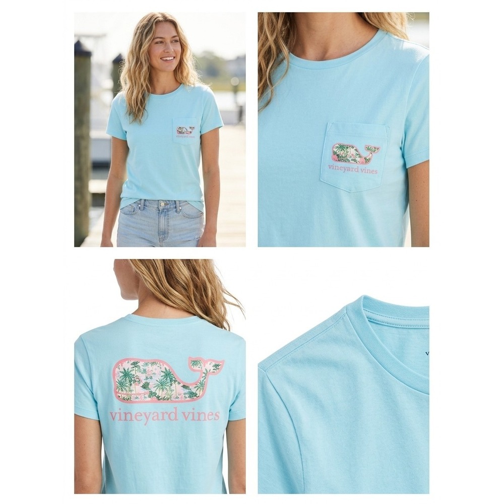 Vineyard Vines Womens T-Shirt M Tropical Palm Whale Pocket Tee Short Sleeve